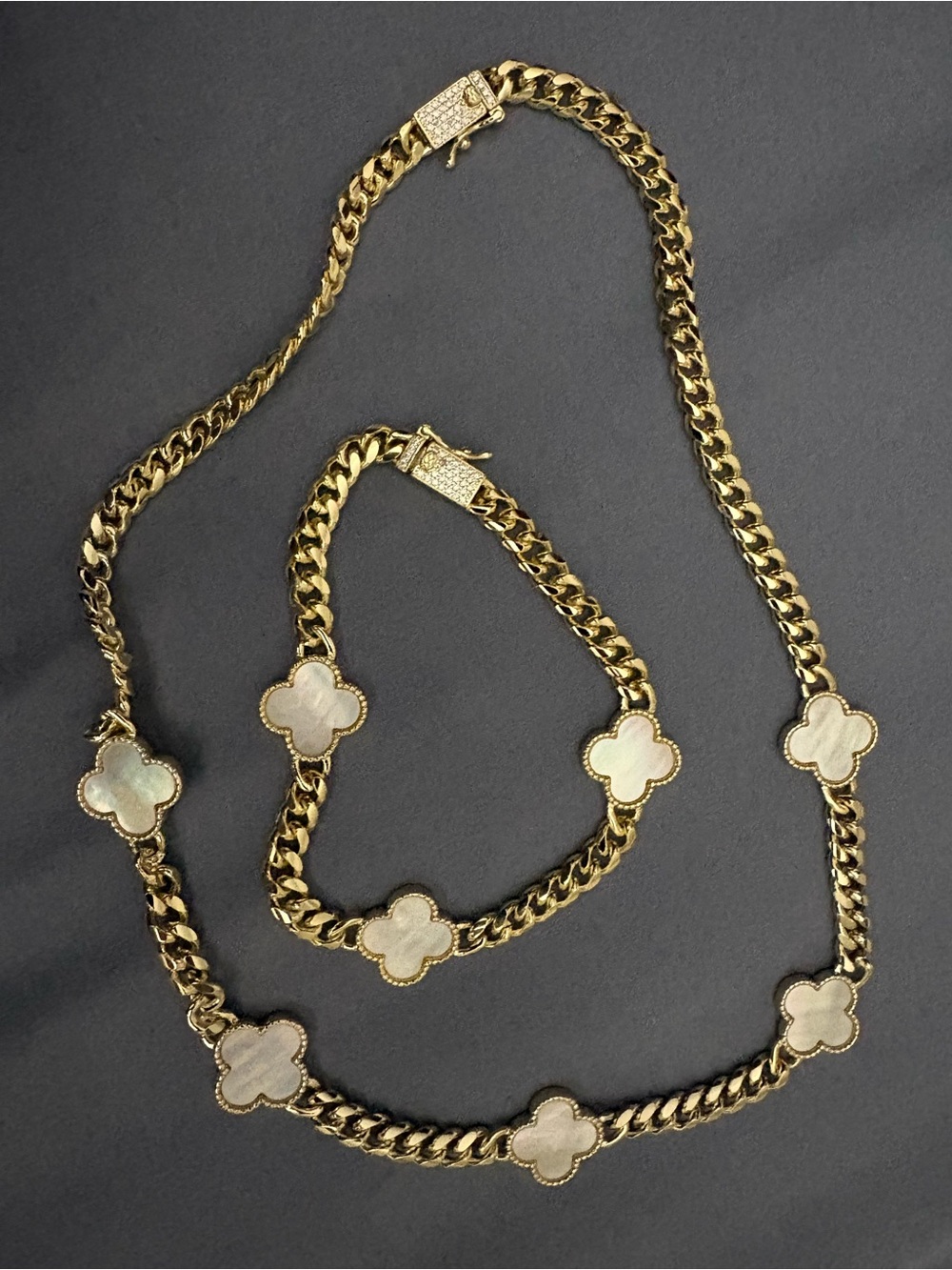 Gold-Tone Mother of Pearl Clover Necklace and Bracelet Set